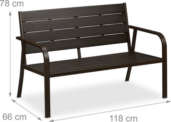 Donkerbruine tuinbank met afmetingen: 78 cm hoog, 66 cm diep, 118 cm breed.