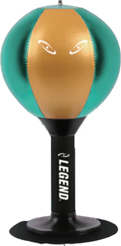 Groene en gouden boksbal met "ogen" design op zwarte standaard.