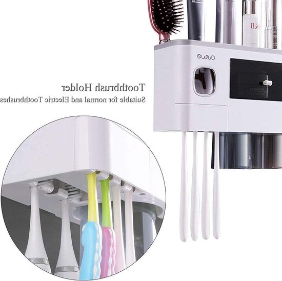 Elektrische tandenborstelhouder wandmontage, UV-sterilisator, oplaadbaar, automatische tandpastadispenser, voor tandenborstels voor douche en badkamer,zwart,4cups