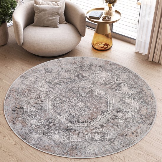 Foto: Tapiso valley rond vloerkleed lichtgrijs vintage laagpolig tapijt maat 100x100