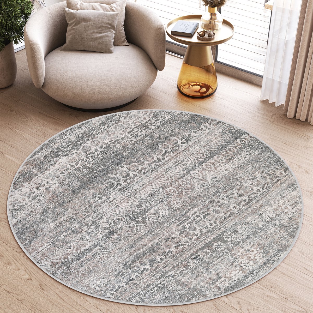 Tapiso Valley Rond Vloerkleed Lichtgrijs Laagpolig Gezaagd Tapijt Maat- 100x100 Grijs 2