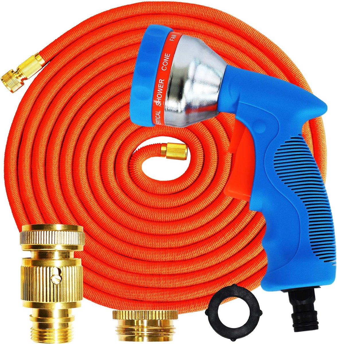 GRÜNTEK Flexibele tuinslangset KING COBRA tot 22,5 m / 75 ft meerlagige latex met tuindouche, 3/4' Quick-Fix adapter, rekbaar tot 22,5m (messing-adapter) zonder slangwagen