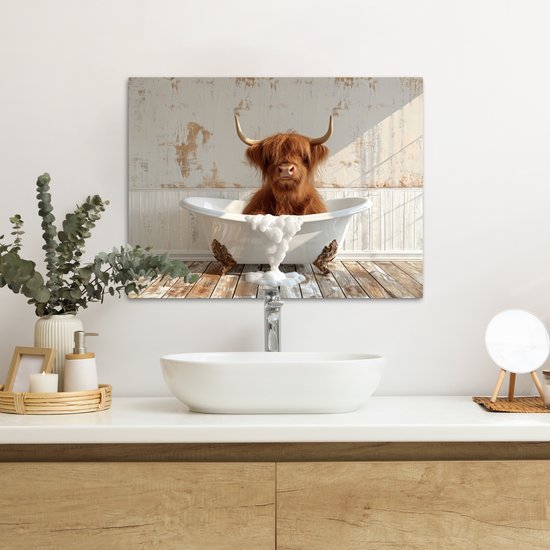Peinture sur toile 80x60 cm - Décoration murale salle de bain Highlander écossais - Baignoire - Vintage - Vache - Décoration murale murale WC - Accessoires décoratifs - Décoration murale Toilettes - Peintures sur toile