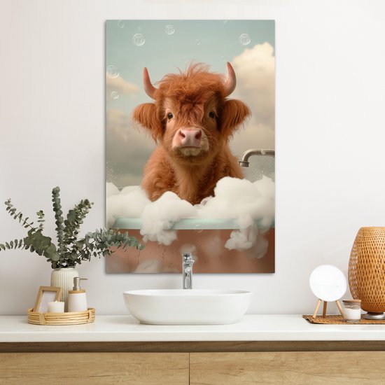 Tableau toile 80x120 cm - Décoration murale salle de bain Highlander écossais - Bain - Mousse - Vache - Décoration murale murale WC - Accessoires décoratifs - Décoration murale Toilettes - Peintures sur toile