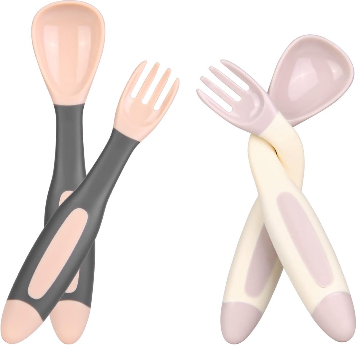 Image of 4 stuks Baby vork en lepel set, Baby Bestek Siliconen Zelfvoedende Gebruiksvoorwerp Gemakkelijk Grip Peuter Bestek Kit voor Zuigelingen Spenen Leren Bestek Gebruiken