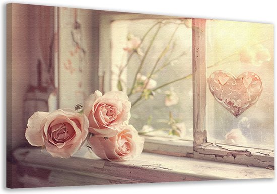 Rozen wanddecoratie - Bloemen schilderij - Schilderijen canvas Vensterbank - Moderne schilderijen - Canvas schilderijen woonkamer - Slaapkamer accessoires canvas 70x50 cm