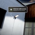 Zwarte wandlamp met sensor, met de tekst 'External cable access' en kabelgeleiding.