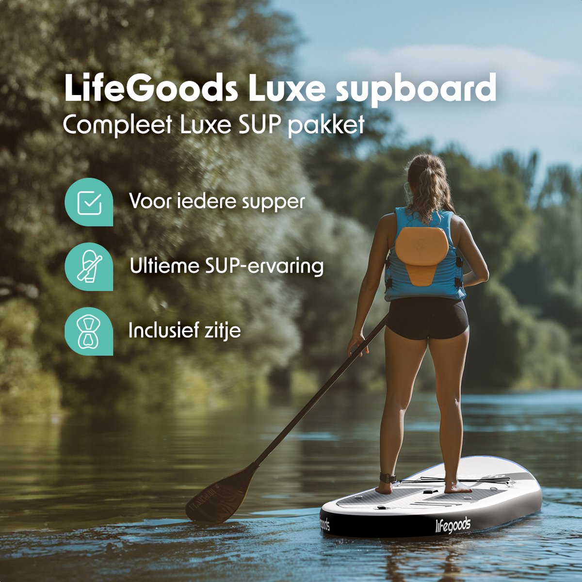 LifeGoods PaddlePro SUP Board - Luxe Set - met Zitje - Opblaasbaar Paddle Board - Max. 150KG - 320x81cm - Wit – foto 2