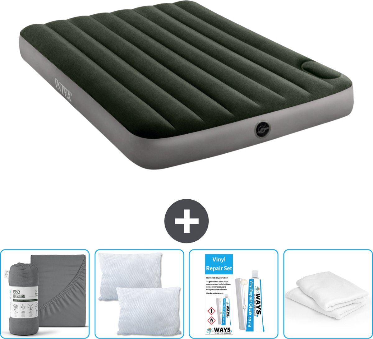Intex Luchtbedset - Twijfelaar - 137 x 191 x 25 cm - Groen - Met ingebouwde voetpomp + Hoeslaken Antraciet + Kussen + Molton 2 in 1 Kussenslopen + Reparatieset