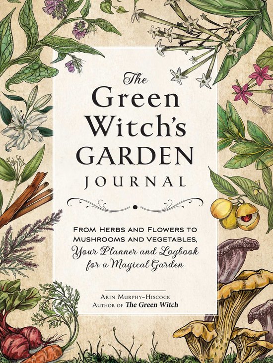 Le journal du jardin de la sorcière verte avec des illustrations de plantes, de fleurs, de champignons et de légumes.
