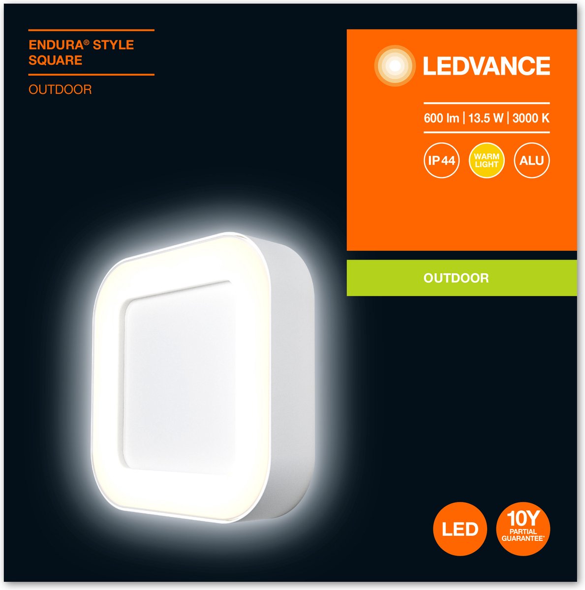 LEDVANCE Wand- en plafondarmatuur LED: voor muur, ENDURA STYLE SQUARE / 13 W, 220…240 V, Warm wit, 3000 K, body materiaal: aluminum, IP44