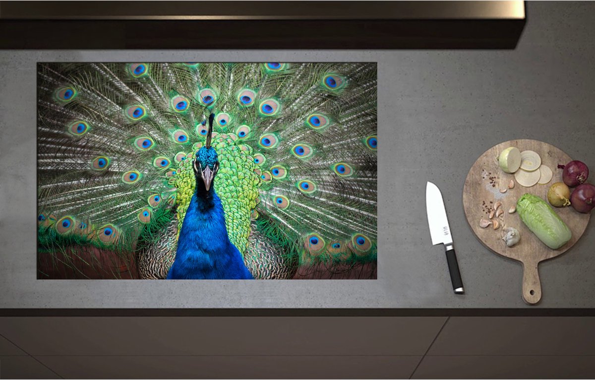 Inductieplaat Beschermer - Close up van blauwe pauw met zijn veren omhoog - 85x55 cm - 2 mm Dik - Inductie Beschermer - Bescherming Inductiekookplaat - Kookplaat Beschermer van Wit Vinyl