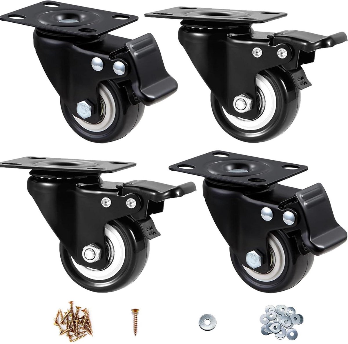 Set Van 4 Meubelwielen Met Remmen, Zware Wielen 50 Mm, L-Vormige Wielen Voor Meubels, Draagvermogen 50 Kg Per Zwenkwiel, Geen Strepen & Stil, Zwenkwielen Van Tpr, Meubelwielen (zwart, 50mm