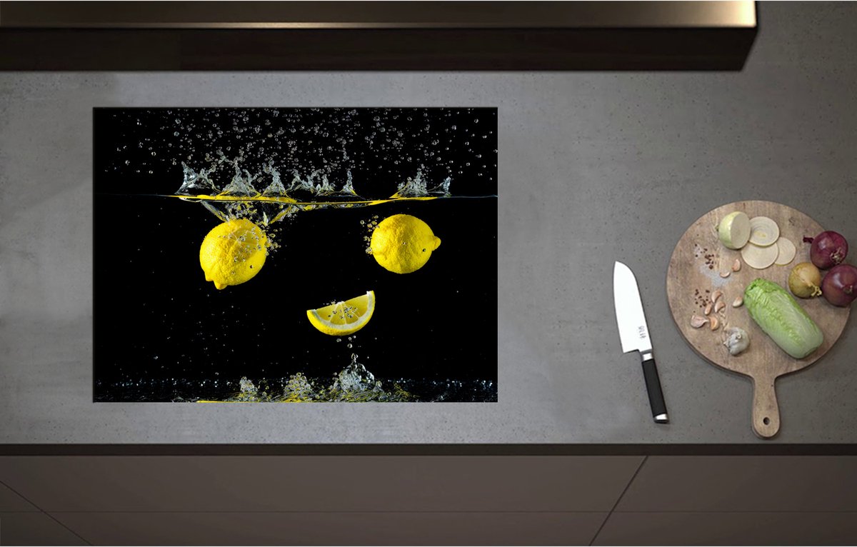 Inductieplaat Beschermer - Citroenen in Water - 71x52 cm - 2 mm Dik - Inductie Beschermer - Bescherming Inductiekookplaat - Kookplaat Beschermer van Wit Vinyl