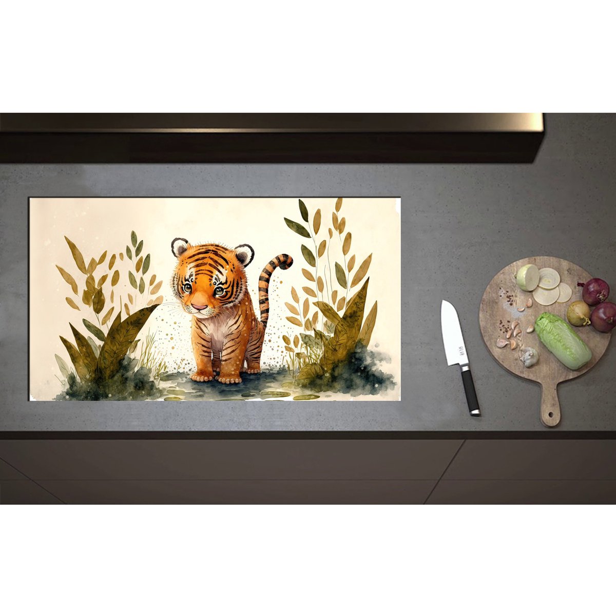 Inductieplaat Beschermer - Cartoon Tekening van Tijger Welpje tussen de Planten - 90x50 cm - 2 mm Dik - Inductie Beschermer - Bescherming Inductiekookplaat - Kookplaat Beschermer van Zwart Vinyl