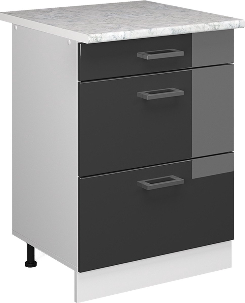 Vicco R-Line Keukenonderkast – 60 cm met laden, met marmeren werkblad Antraciet Hoogglans