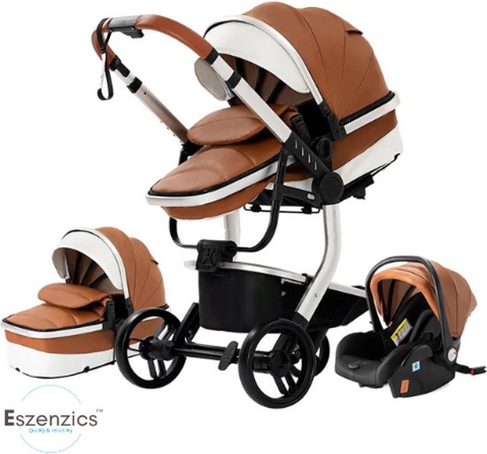 Eszenzics™ Luxe Kinderwagen 3-in-1 - incl. Autostoel - Multifunctionele 3-in-1 Buggy - 0-3 jaar - Khaki - PU-leder bekleding - All-terrain