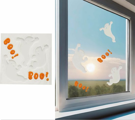 Collage van Halloween raamfolie met spookjes en "Boo!" letters, en raamstickers met spookjes op een raam.