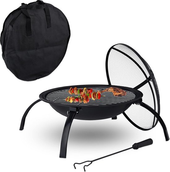 BBQ Collection Vuurschaal met Vonkenscherm - incl. Onderstel en Pook - 75,5 cm - Staal - Zwart