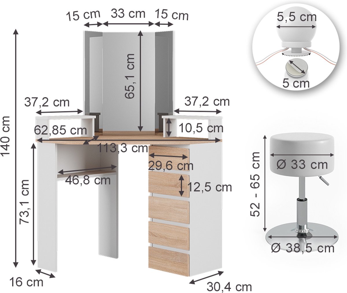 Vicco Coiffeuse Blanc/Sonoma 108cm avec éclairage LED et banc Vicco Coiffeuse Blanc/Sonoma 108cm avec éclairage LED et banc
