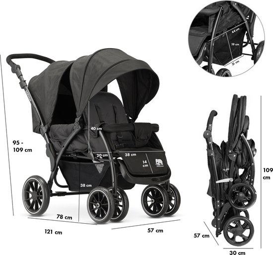 Zwarte dubbele buggy met afmetingen en een opgevouwen buggy.