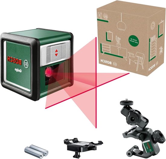Bosch kruislijnlaser Quigo met universele klem MM 2 (eenvoudig en nauwkeurig uitlijnen met flexibel plaatsen van het toestel dankzij de universele klem, in E-Commerce kartonnen doos