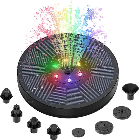 Fonteinpomp op zonne-energie - 3 W cirkel zonne-waterfontein - 8 soorten sproeiers - 7 kleurrijke ledlampen - drijvende vijverpomp - vogeldrink/aquarium