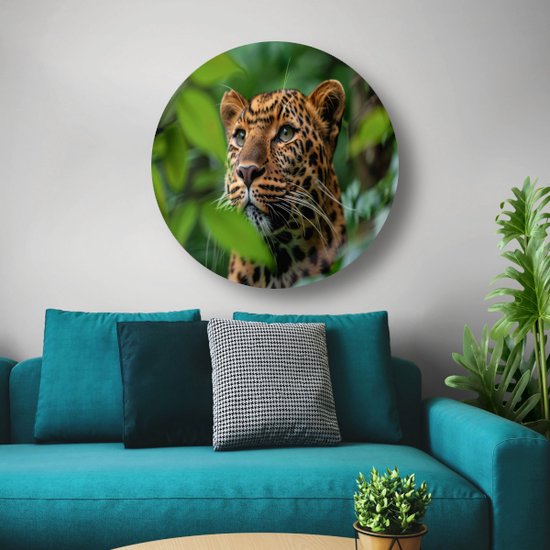 Assiette murale Léopard - Tableau rond Animaux - Cercle mural Feuilles - Décoration murale moderne - Tableau - Décoration murale cercle mural aluminium 60x60 cm