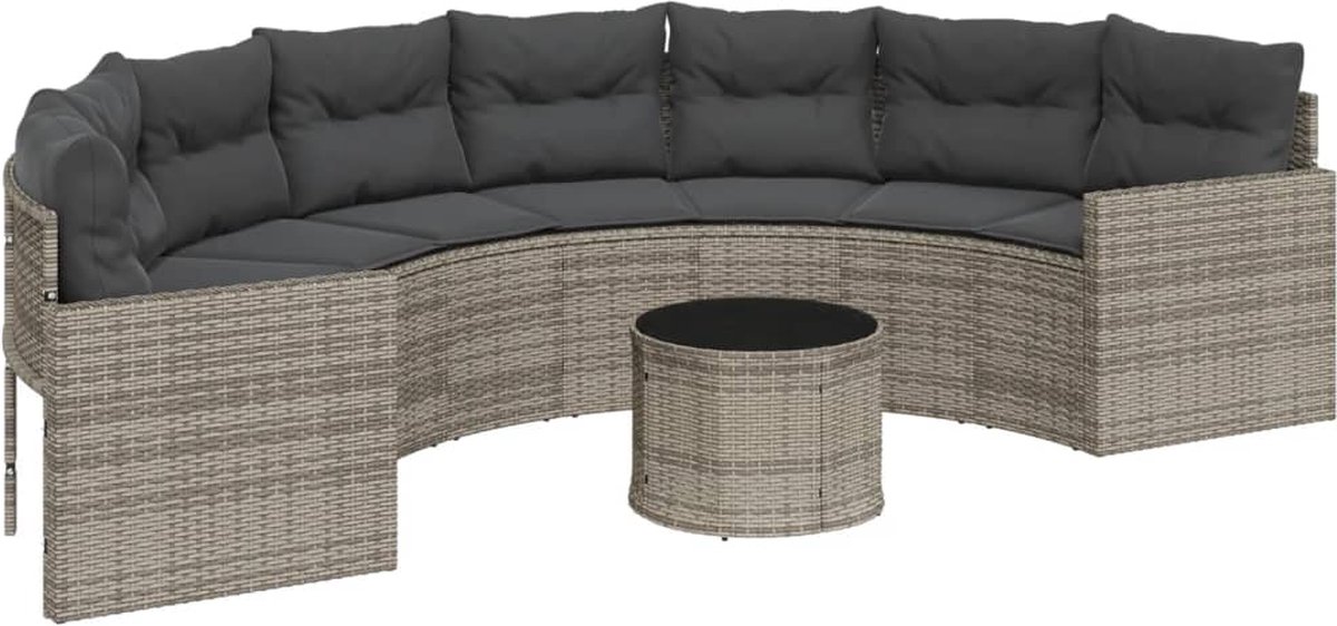 vidaXL - Tuinbank - met - tafel - en - kussens - halfrond - poly - rattan - grijs