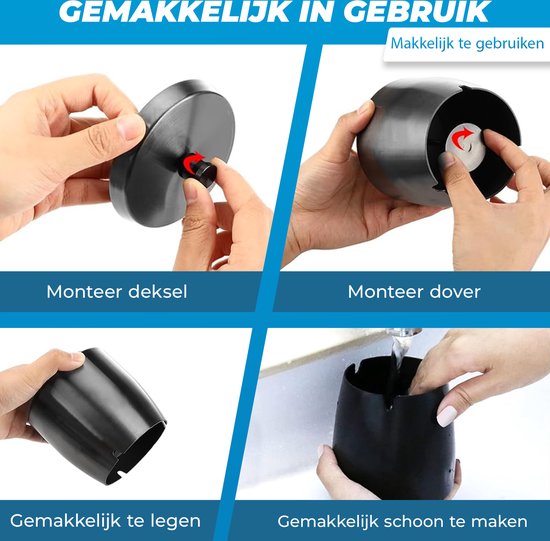 Vier stappen van het monteren en schoonmaken van de zwarte asbak. Tekst 'GEMAKKELIJK IN GEBRUIK', 'Makkelijk te gebruiken', 'Monteren deksel', 'Monteren dover', 'Gemakkelijk te legen', 'Gemakkelijk schoon te maken'.