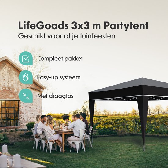 Zwarte LifeGoods 3x3m partytent in een tuin met gasten. Kenmerken: compleet pakket, easy-up systeem, met draagtas.