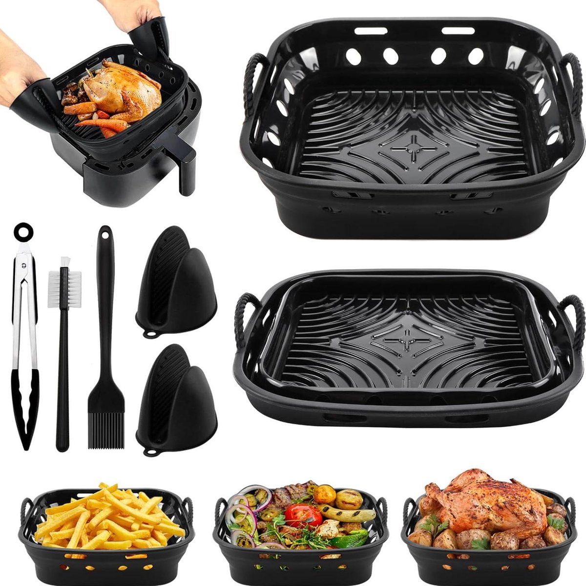 7 Stuks Airfryer Siliconen Pot 22 cm - Herbruikbare Liners - Compatibel met Philips Cosori - Zwart
