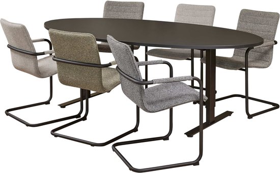 Table de réunion Teez ellipse 220x110cm structure aluminium (RAL9006) plateau chêne anthracite
