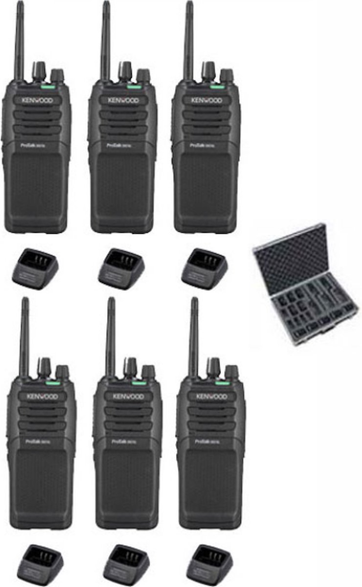 Set van 6 Kenwood TK-3701D IP55 Portofoon met tafellader en koffer