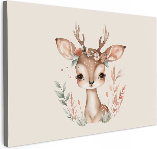 Canvas schilderij 60x40 cm - Wanddecoratie kinderkamer Hert - Bohemian - Bloemen - Bosdieren - Muurdecoratie babykamer - Kamer decoratie voor jongens en meisjes - Baby accessoires - Schilderijen