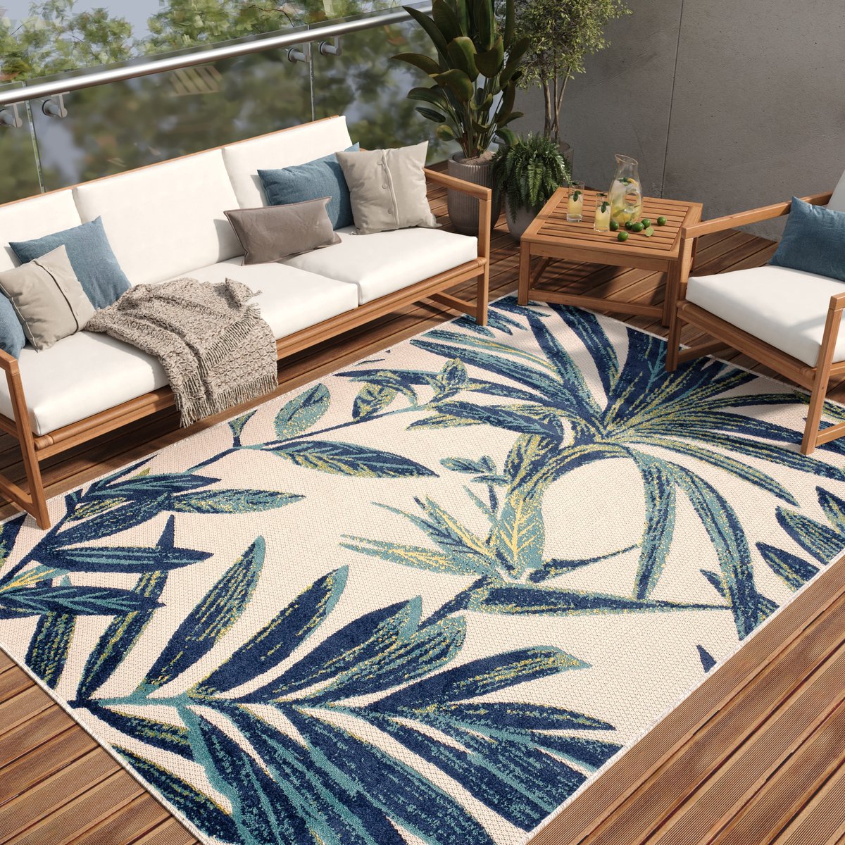 Tapiso Patio Indoor Tapijt Beige Blauw Tuintapijt Buitenkleed Planten Maat- 140x200