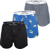 Happy Shorts 3-Pack Wijde Boxershort Zwart Pelikaan Print Blauw - Losse boxershort - Maat XL