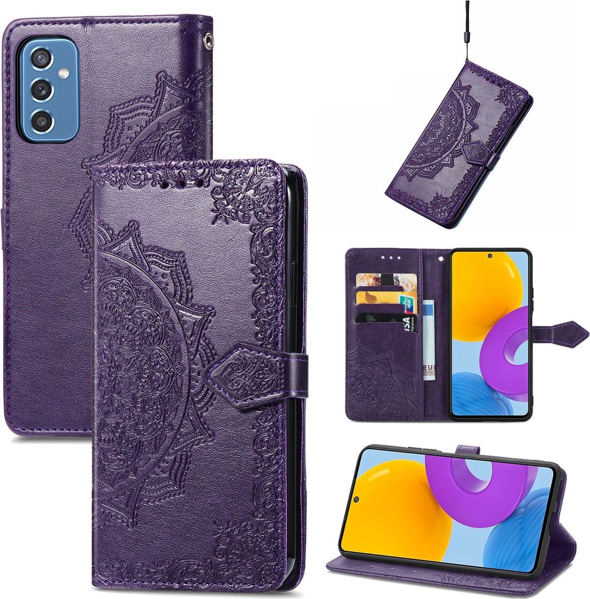 Mobigear Telefoonhoesje geschikt voor Samsung Galaxy M52 Hoesje | Mobigear Mandala Bookcase Portemonnee | Pasjeshouder voor 3 Pasjes | Telefoonhoesje voor Pinpas / OV Kaart / Rijbewijs - Paars