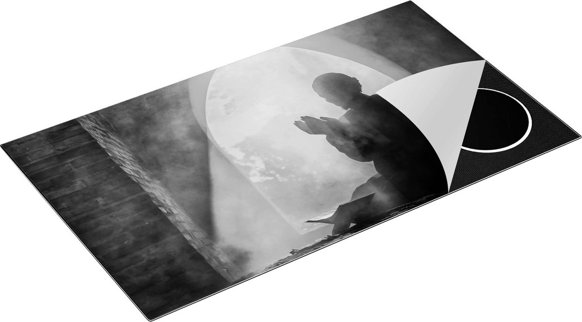 Chefcare Inductie Beschermer Biddende Man in een Oude Moskee - Zwart Wit - 90x50 cm - Afdekplaat Inductie - Kookplaat Beschermer - Inductie Mat