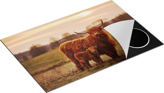 Chefcare Inductie Beschermer Schotse Hooglander Koe met haar Kalf - 80x52 cm - Afdekplaat Inductie - Kookplaat Beschermer - Inductie Mat