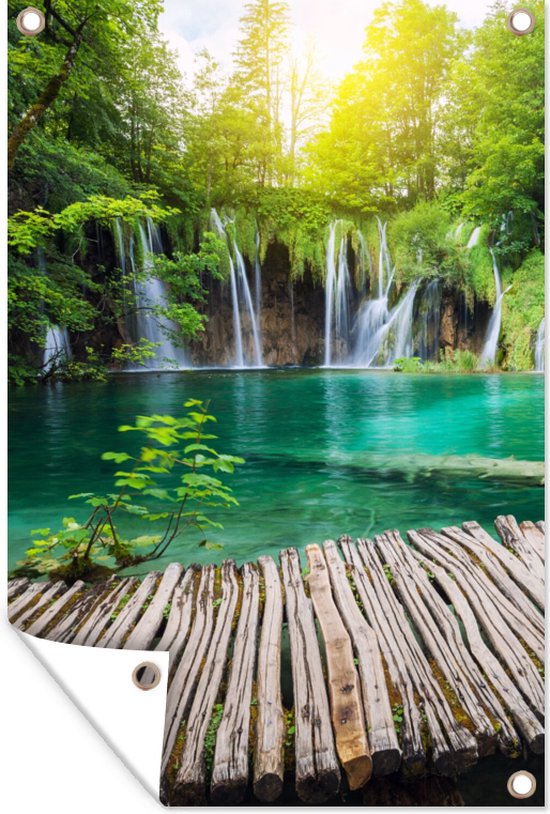 Affiche de jardin - Cascade - Water - Bois - Nature - Pont - Lac - Soleil - 40x60 cm - Toile de jardin - Toile de clôture