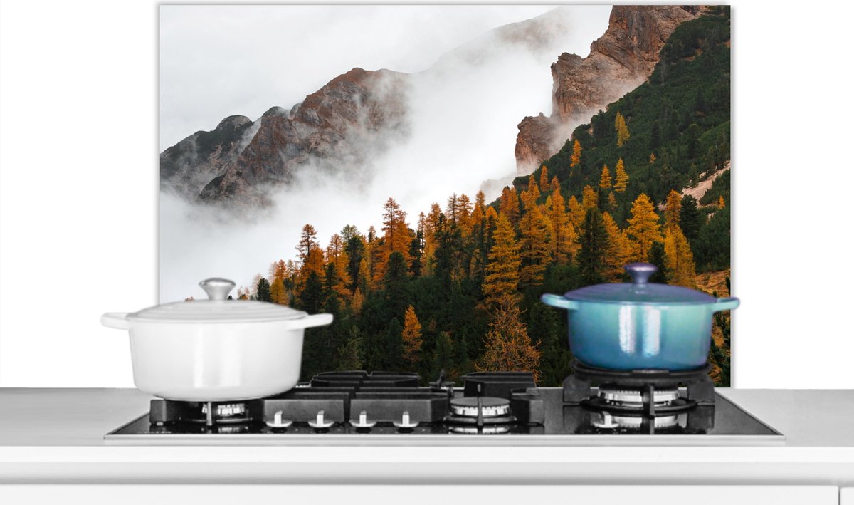 Spatscherm - Berg - Boom - Natuur - Mist - Achterwand keuken - 90x60 cm - Spatwand