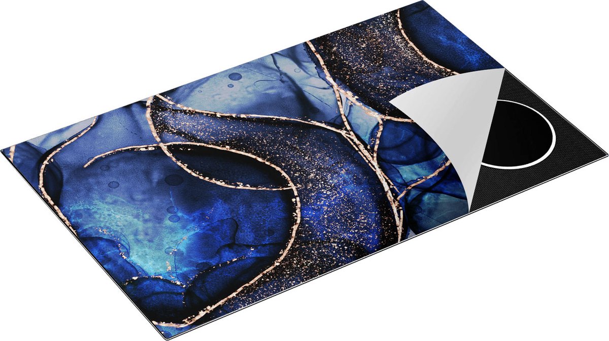 Chefcare Inductie Beschermer Abstracte Kunst - Blauwe Marmer met Gouden Patronen - 85x50 cm - Afdekplaat Inductie - Kookplaat Beschermer - Inductie Mat