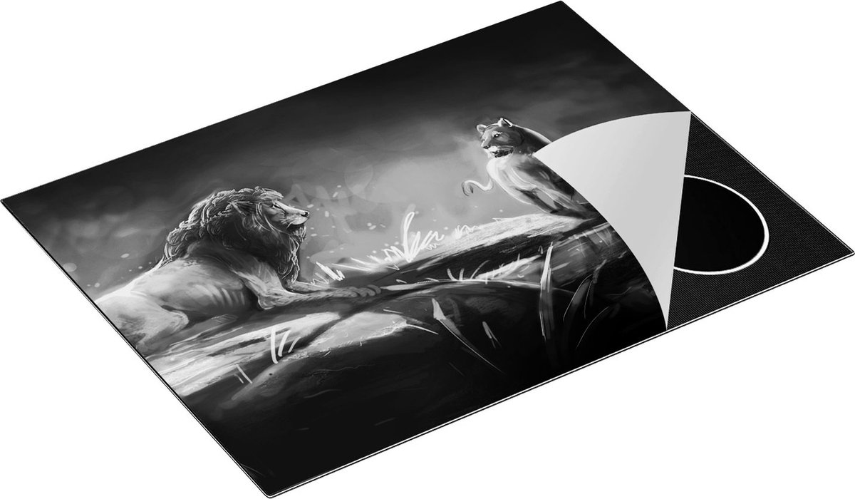 Chefcare Inductie Beschermer Leeuwen Familie in het Wild - Getekend - Zwart Wit - 71x52 cm - Afdekplaat Inductie - Kookplaat Beschermer - Inductie Mat