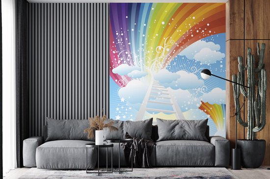 Papier peint photo vinyle - Une illustration d'un escalier entouré de nuages et d'arcs-en-ciel largeur 195 cm x hauteur 260 cm - Tirage photo sur papier peint (disponible en 7 tailles)