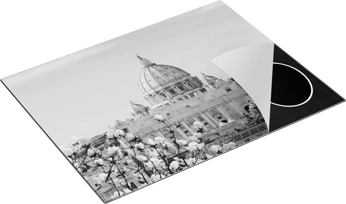 Chefcare Inductie Beschermer Sint Pietersbasiliek in Rome met Bloemen - Zwart Wit - 77x59 cm - Afdekplaat Inductie - Kookplaat Beschermer - Inductie Mat