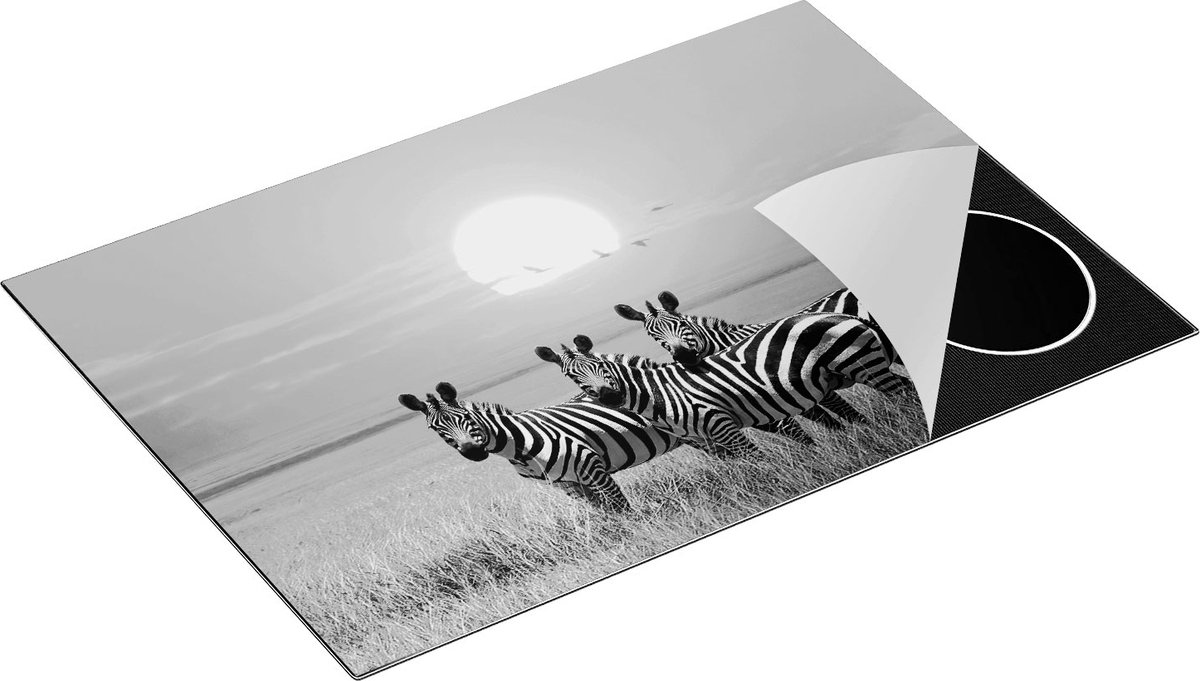 Chefcare Inductie Beschermer Drie Zebra's bij Zonsondergang - Zwart Wit - 76x51,5 cm - Afdekplaat Inductie - Kookplaat Beschermer - Inductie Mat