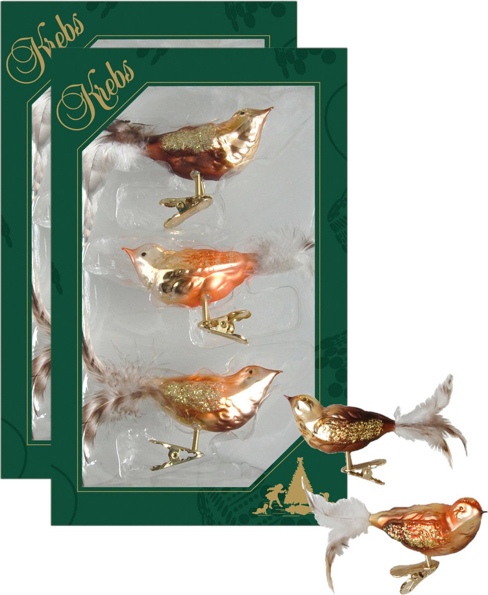 6x stuks luxe glazen decoratie vogels op clip natuur bruin tinten 11 cm - Decoratievogeltjes - Kerstboomversiering
