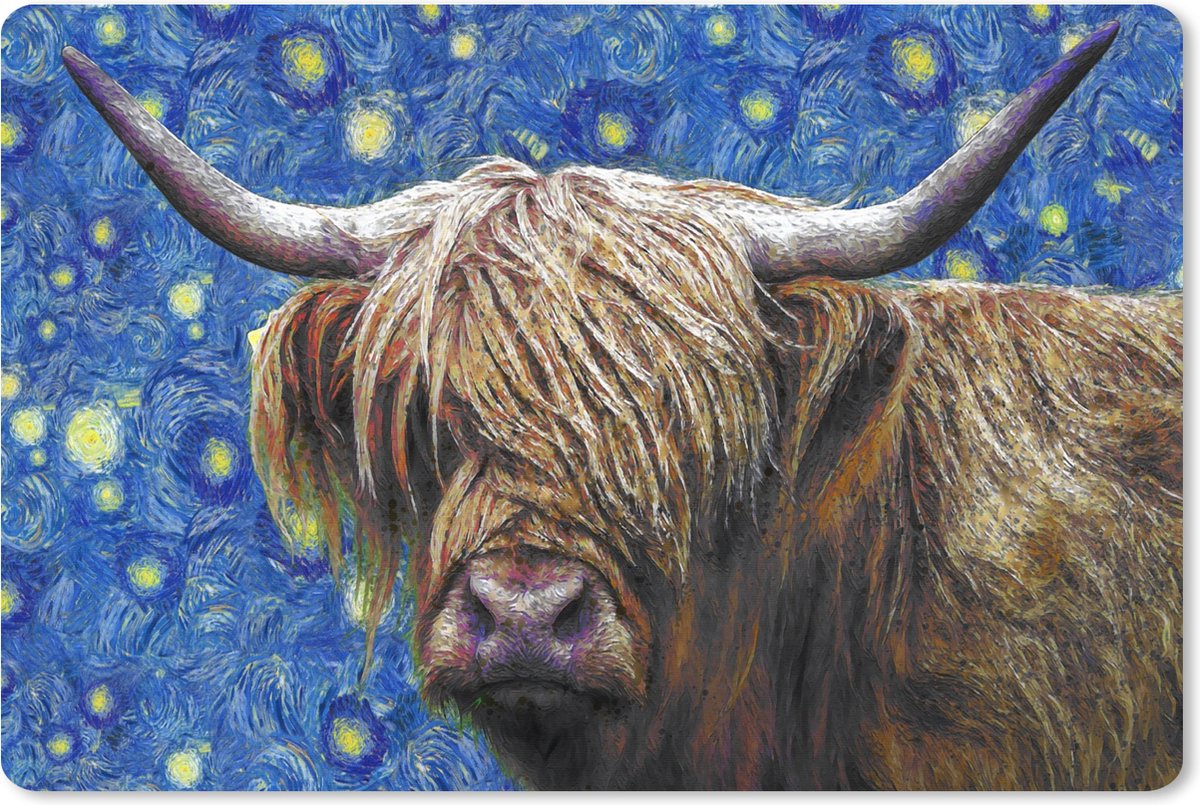 Muismat XXL 120x80 cm - Bureau onderlegger - Bureau mat Van Gogh - Sterrennacht - Schotse hooglander - Bureaumat - Gaming mousepad xl - Bureaulegger groot - Computer deskmat