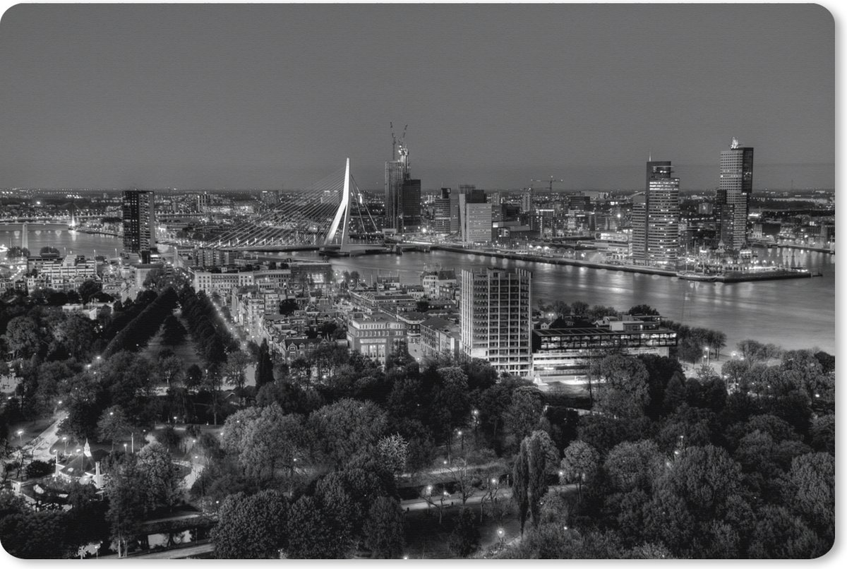 Muismat XXL 120x80 cm - Bureau onderlegger - Bureau mat Uitzicht vanaf de Rotterdamse Euromast - zwart wit - Bureaumat - Gaming mousepad xl - Bureaulegger groot - Computer deskmat